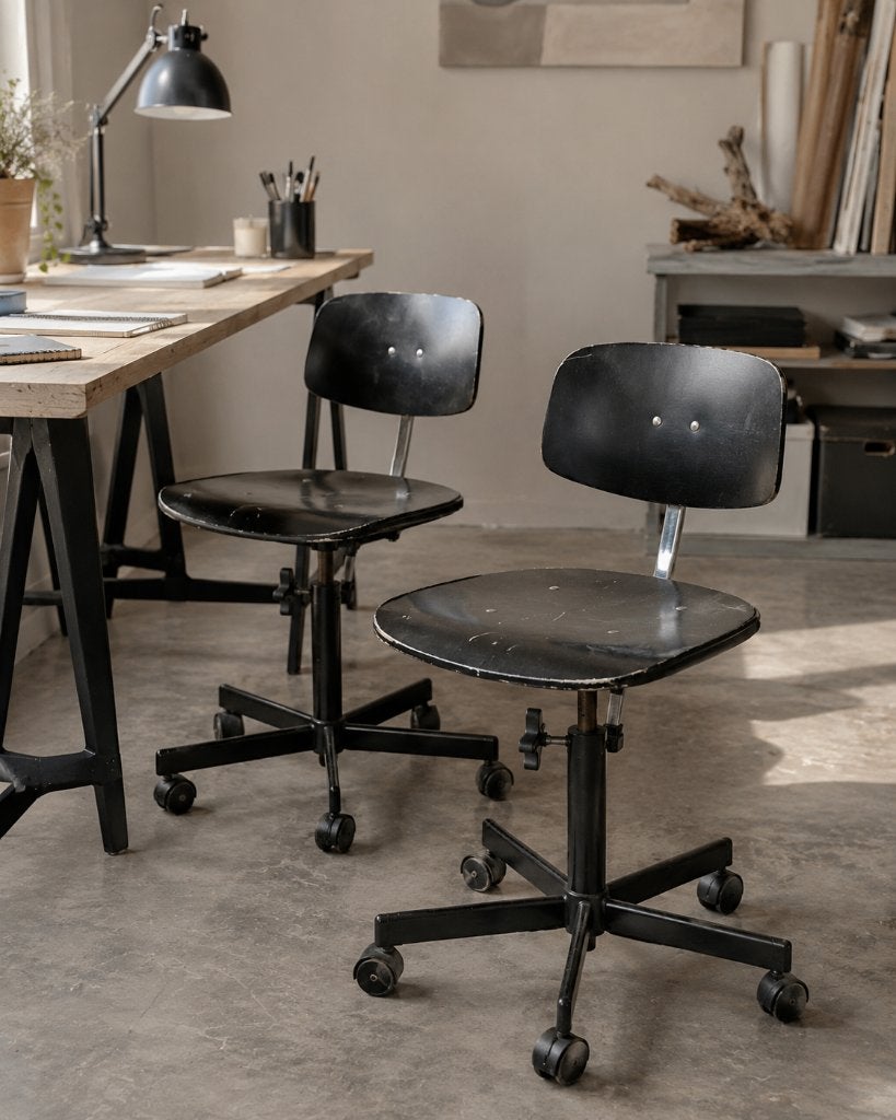 2 toffe vintage bureaustoelen Scandi stijl restauratie, Huis en Inrichting, Ophalen, Gebruikt, Zwart, Bureaustoel