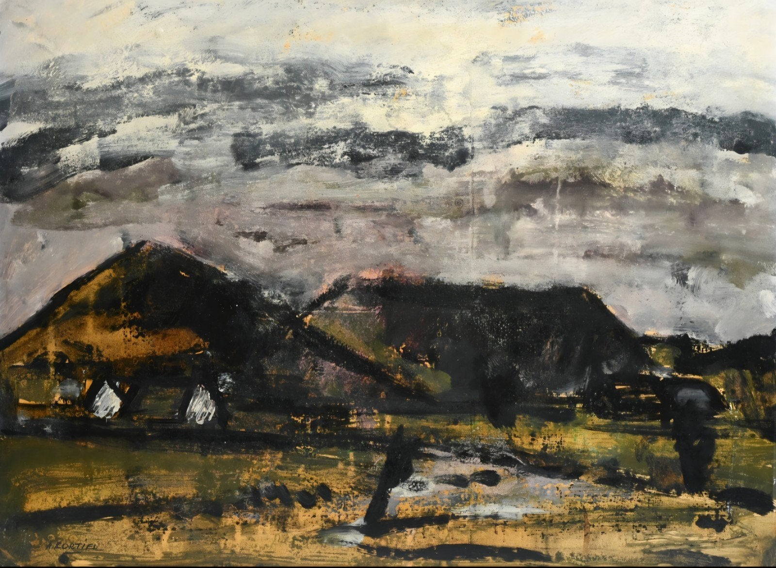CORTIER Amedee "Landschap met schuren" olie op papier, Antiek en Kunst, Ophalen of Verzenden, Landschap