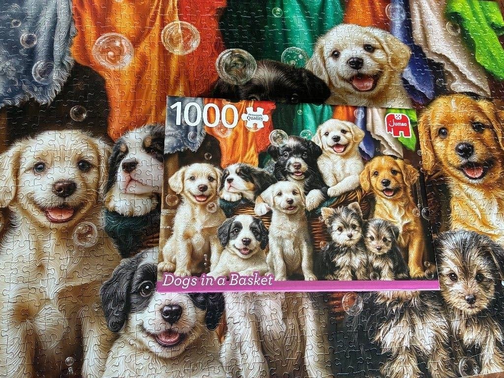 Legpuzzel van 1000 stukjes: Honden in een mand - Jumbo, Ophalen of Verzenden, 500 t/m 1500 stukjes, Zo goed als nieuw, Legpuzzel