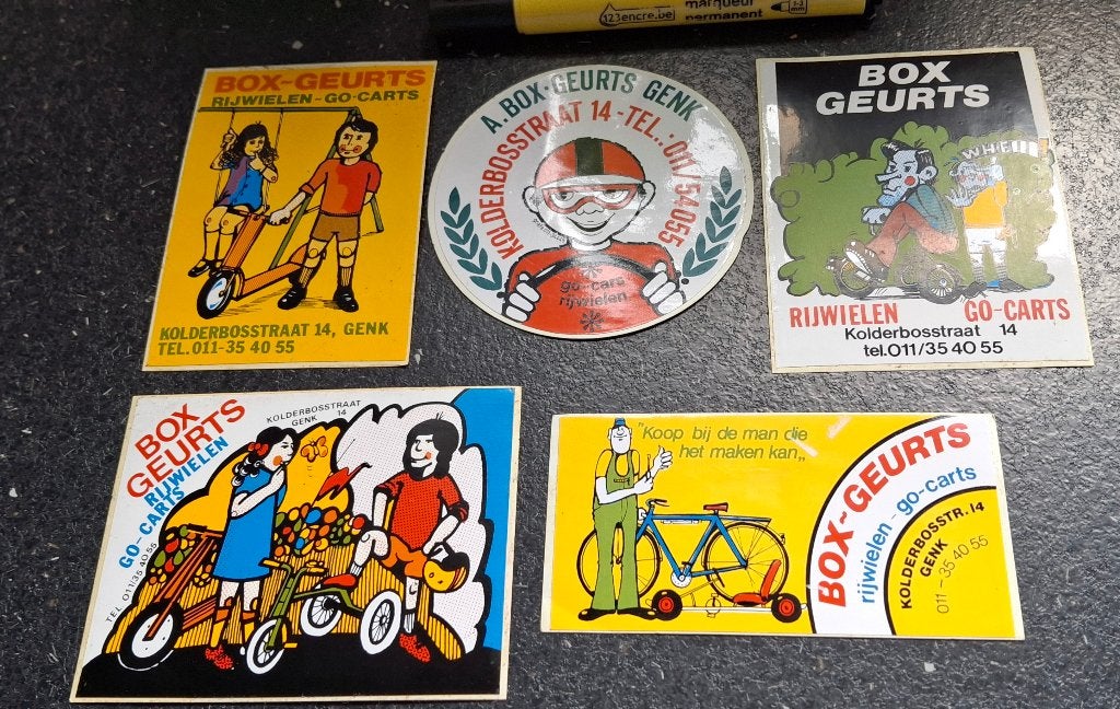 Lot stickers : fietsen go-carts Box Geurts Genk stripfiguur, Ophalen of Verzenden, Zo goed als nieuw, Merk