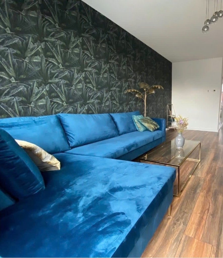 Westwing velvet hoekbank met luxe uitstraling, Huis en Inrichting, Ophalen, 250 tot 300 cm, Gebruikt, 125 tot 150 cm