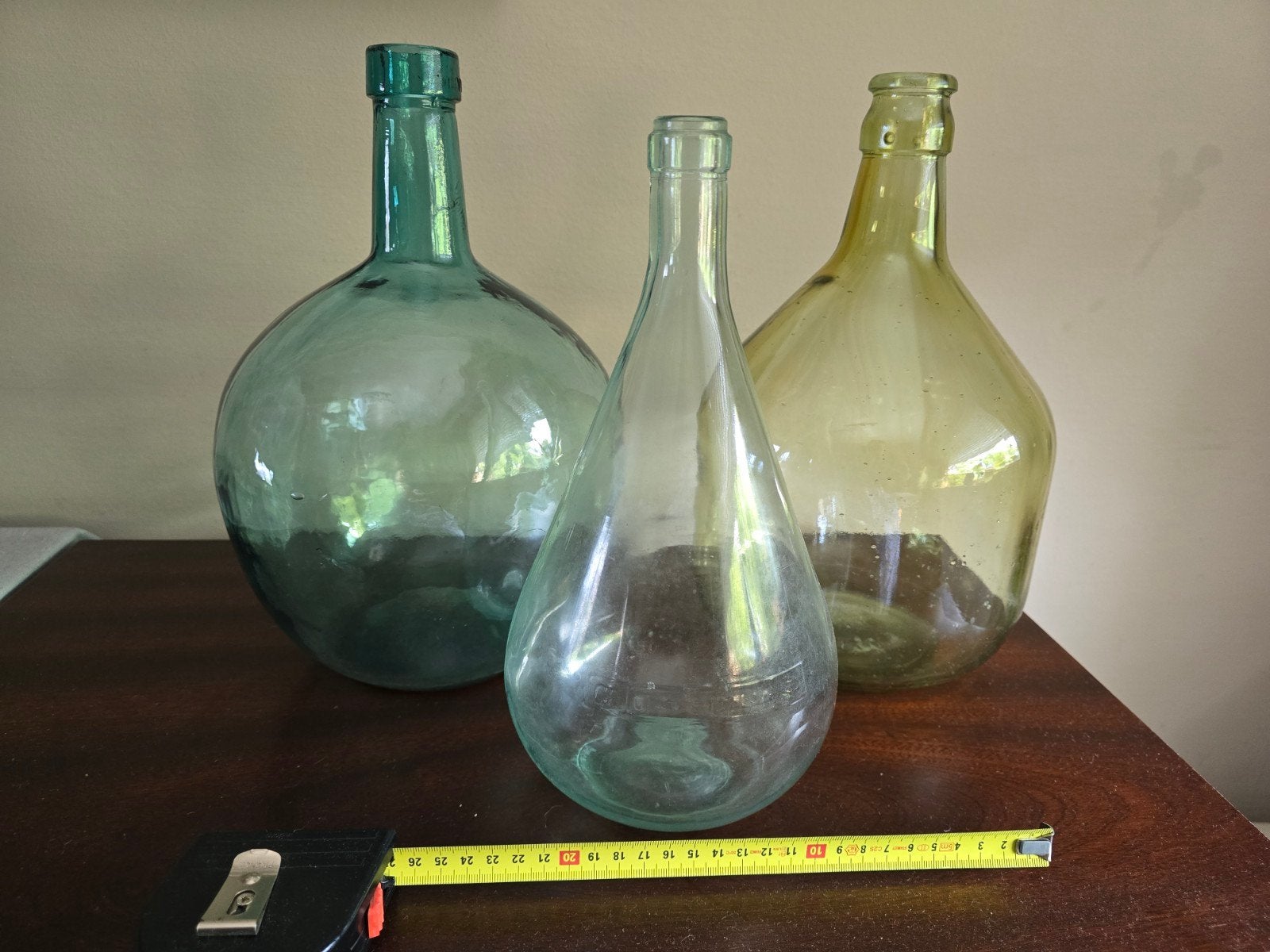 Set 3 vintage glazen wijn/gistflessen dame jeanne, Ophalen, Overige kleuren, Glas