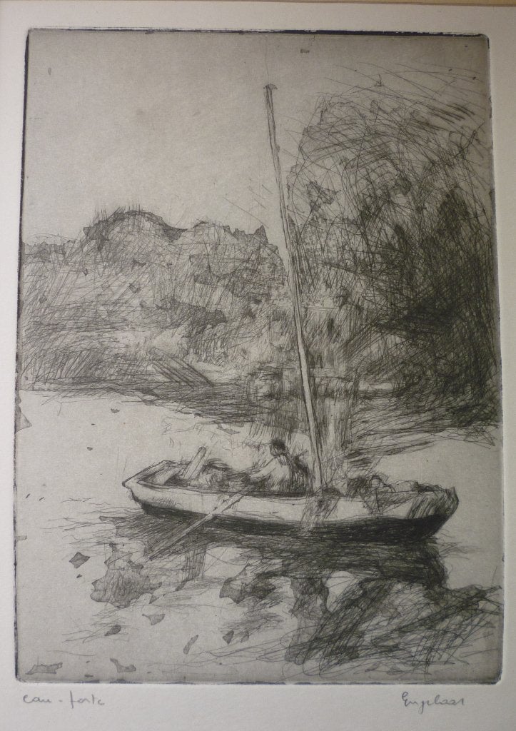 Eau-forte signée Engelbart – barque solitaire, Antiquités & Art, Art | Eaux-fortes & Gravures, Eau-forte, Paysage, Enlèvement ou Envoi