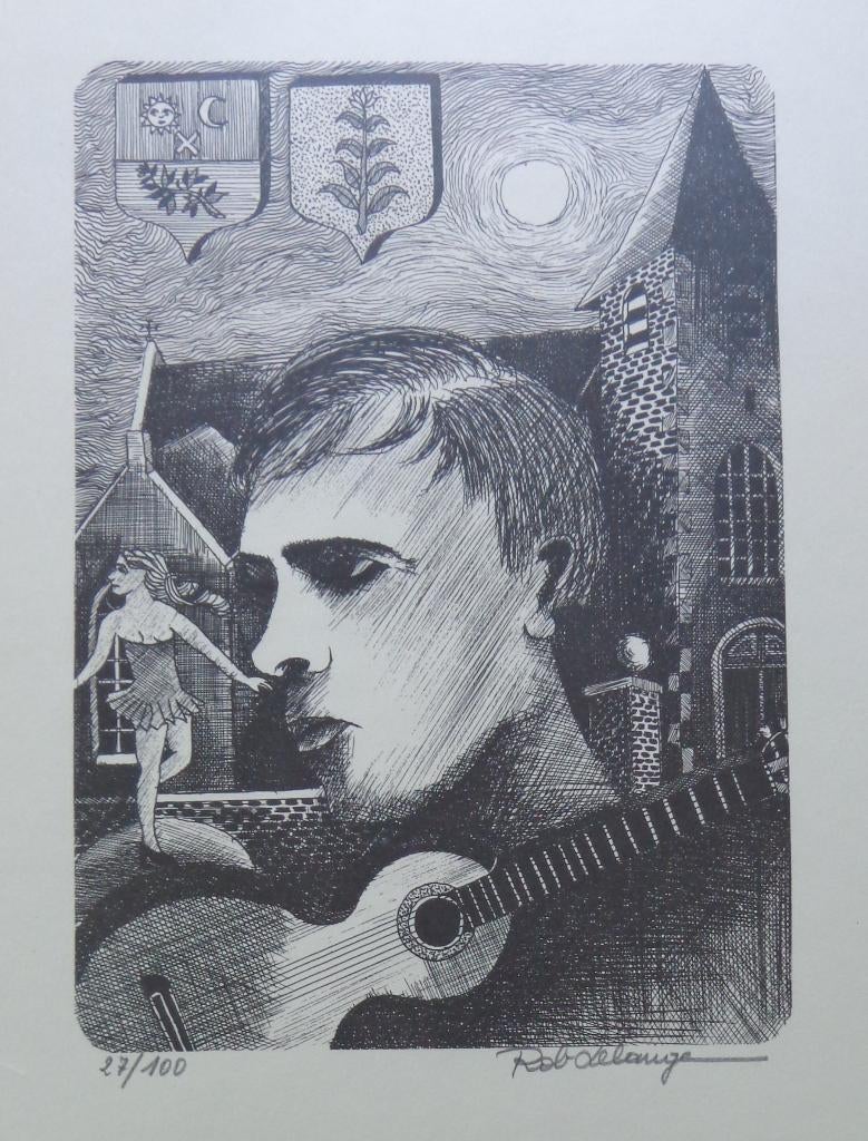 ROB DELANGE / JACQUES BREL / ZW-W LITHO / 46x38cm / KADER, Antiek en Kunst, Kunst | Litho's en Zeefdrukken, Ophalen of Verzenden