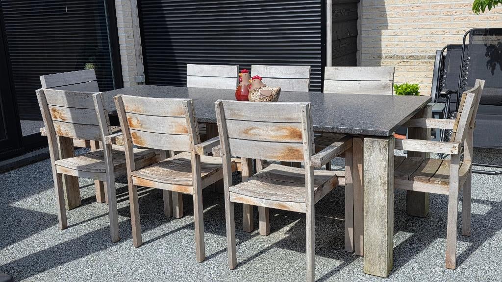 Tuintafel arduinen blad met 8 teakhouten stoelen, Enlèvement, Bois de teck, 8 places