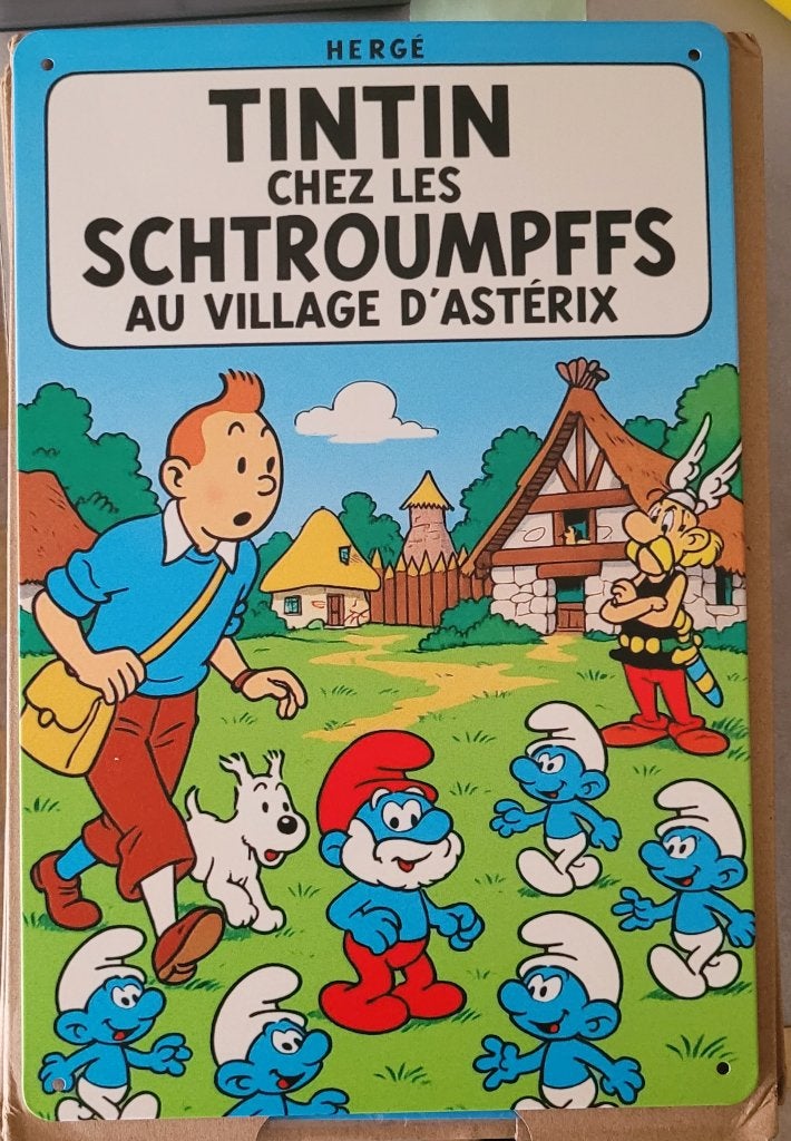 Plaque alu 30 cm x 20 cm de parodie "Tintin les schtroumpfs", Collections, Envoi, Neuf