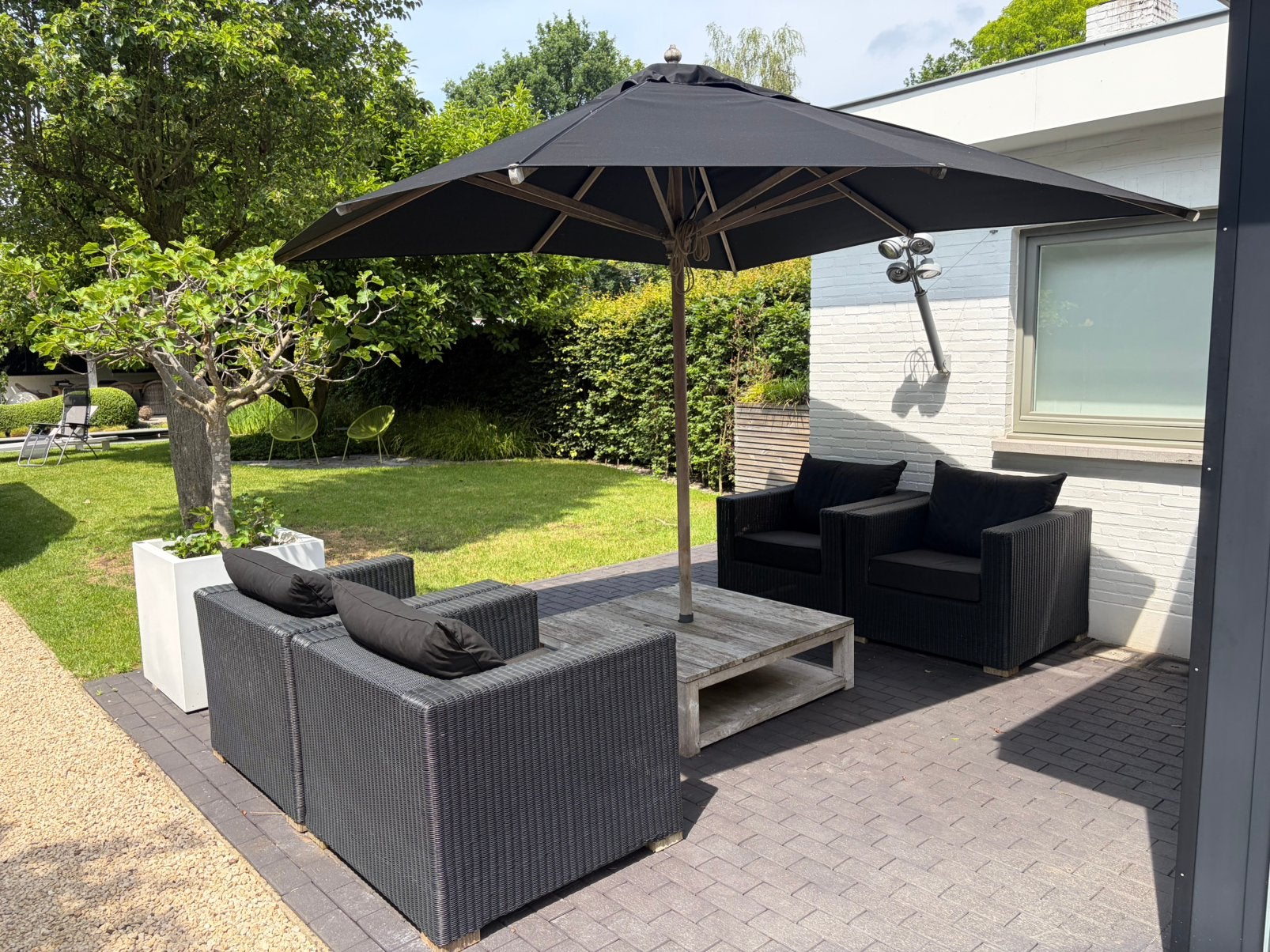 Complete set loungezetels en teak parasol, Jardin & Terrasse, Ensembles de jardin, Enlèvement, Comme neuf, Salons de jardin