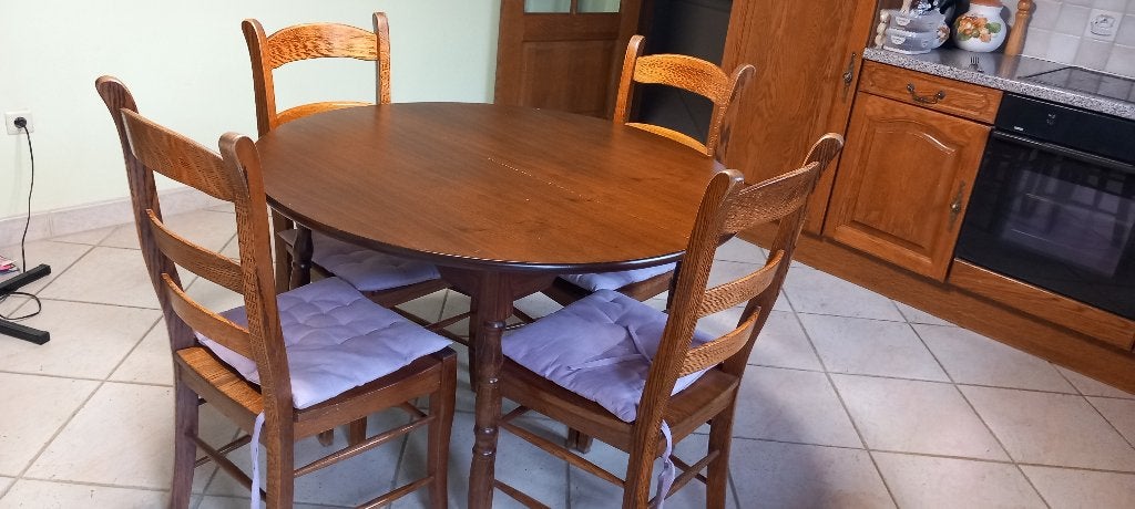 Tafel uitschuifbaar met 4 Eiken stoelen, Ophalen, Gebruikt, 100 tot 150 cm, Klassiek