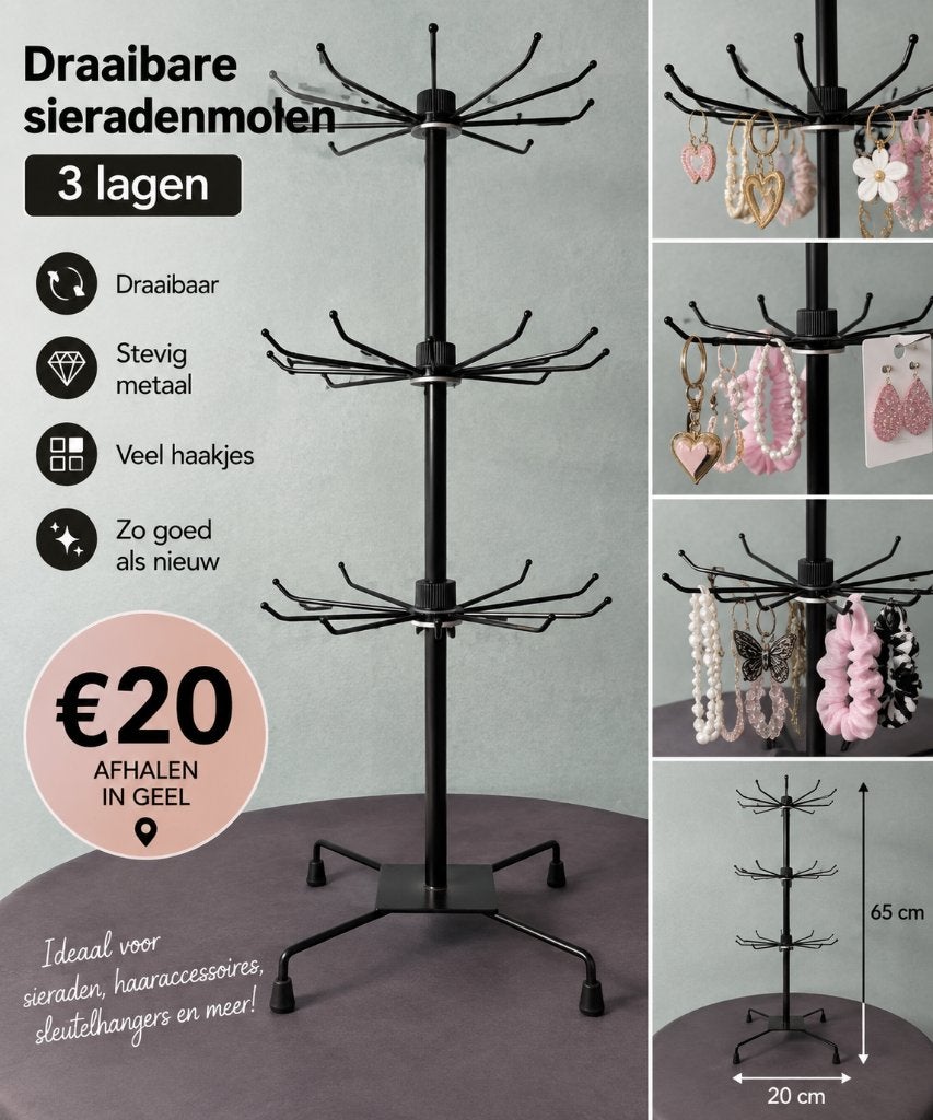 Draaibare sieradenmolen / displayrek – 3 lagen, Handtassen en Accessoires, Ophalen, Zo goed als nieuw
