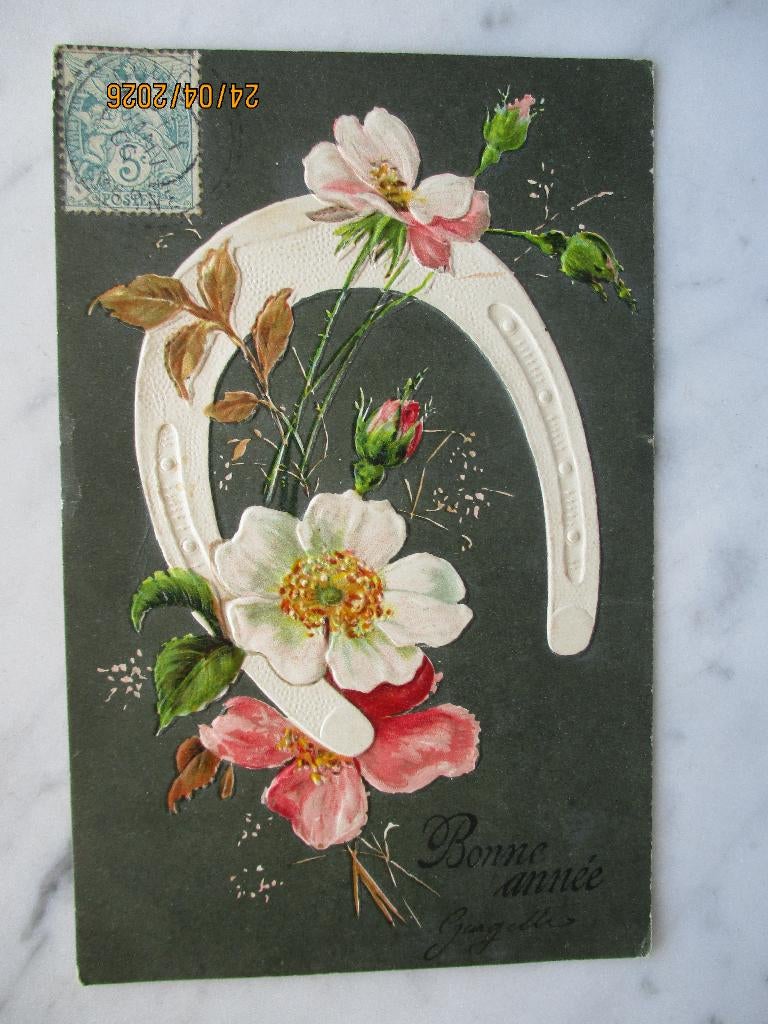 nieuwjaar hoefijzer bloemen 1906, Envoi, Avant 1920, Affranchie, (Jour de) Fête