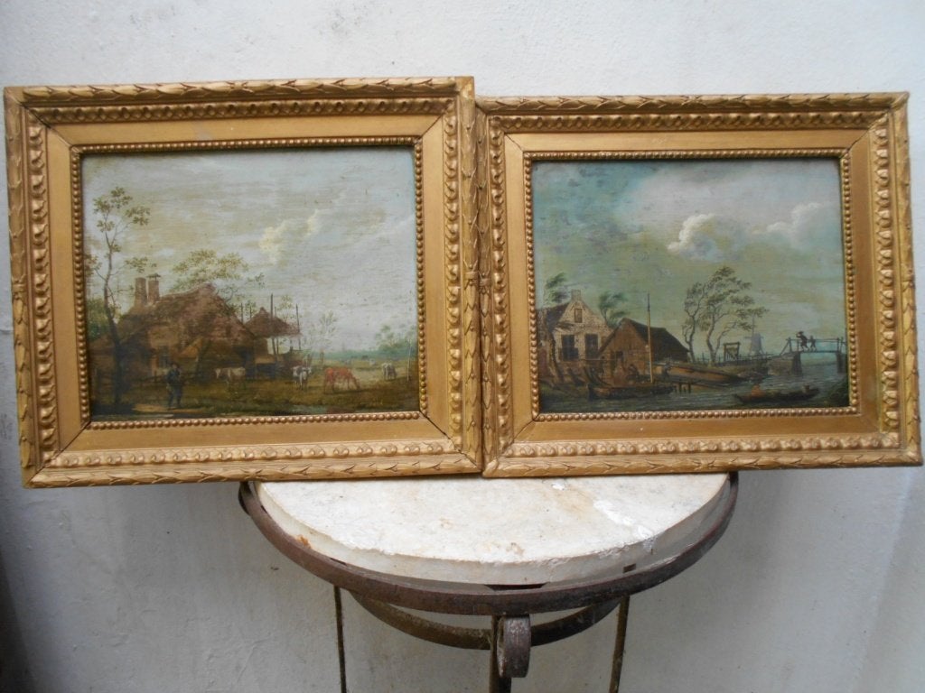 2 antieke paneeltjes ROMANTISCHE SCHOOL 2e helft 19e eeuw?, Ophalen of Verzenden, Gesigneerd