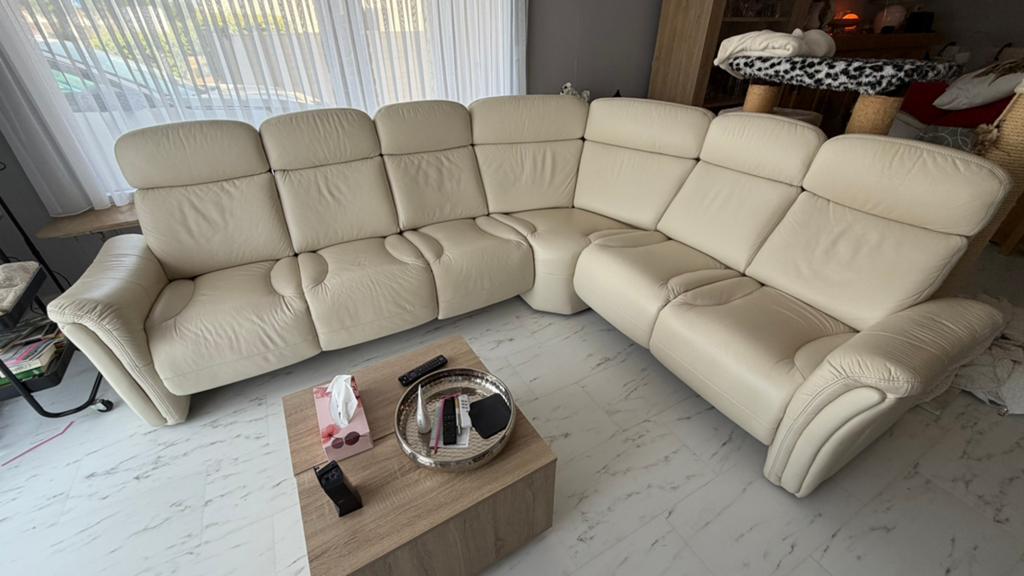 5 zit hoeksalon met relax, leder look, Ophalen, Gebruikt, Overige materialen, Modern