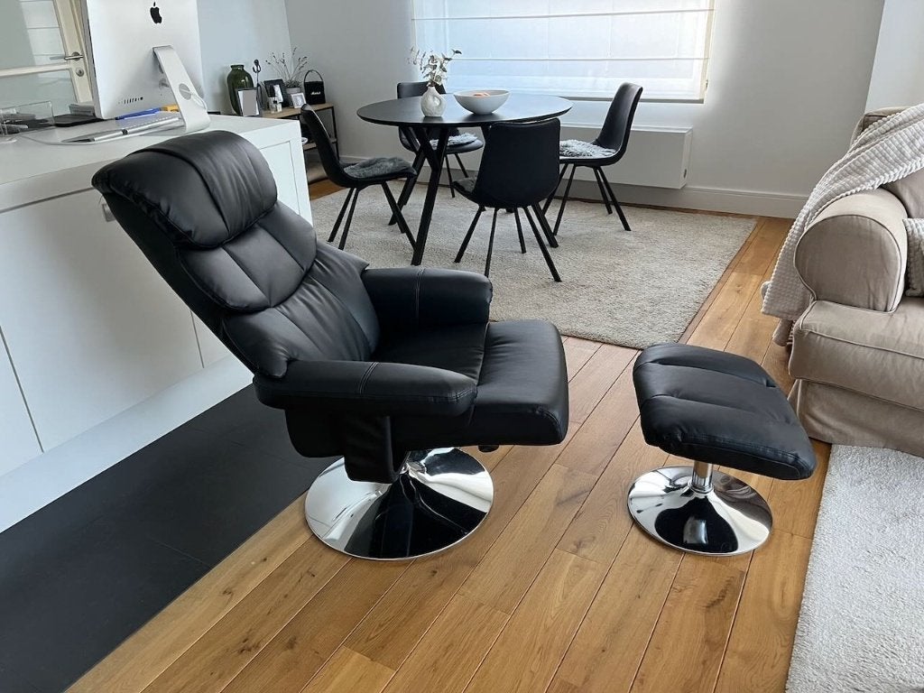 Fauteuil met voetenbank - zwart (kunstleer), Maison & Meubles, Enlèvement, Comme neuf