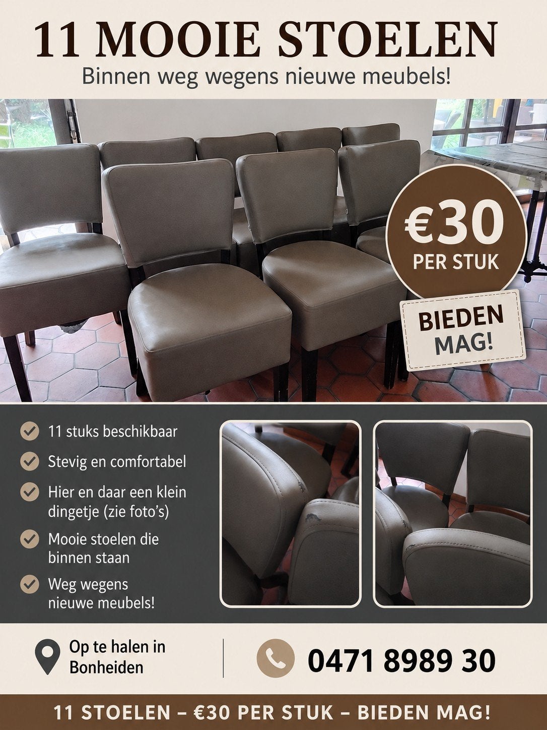 11 belles chaises de salle à manger — 30€ chacune 0471 8989, Maison & Meubles, Chaises, Enlèvement, Utilisé, Brun, Cuir