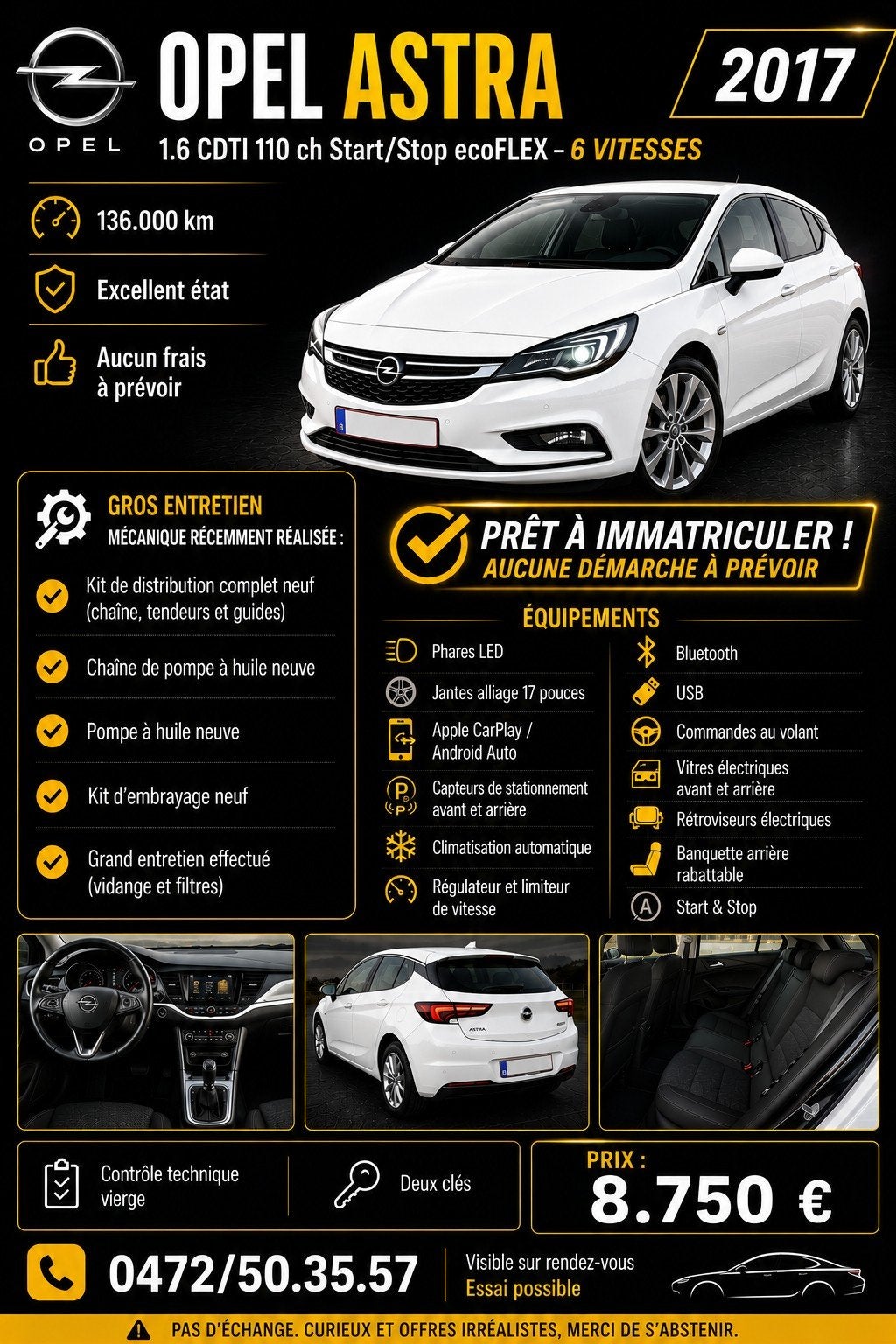 Opel Astra 1.6 D.C.T.I  2017 110cv 6 vitesses, Auto's, Particulier, Astra, Te koop, Bluetooth