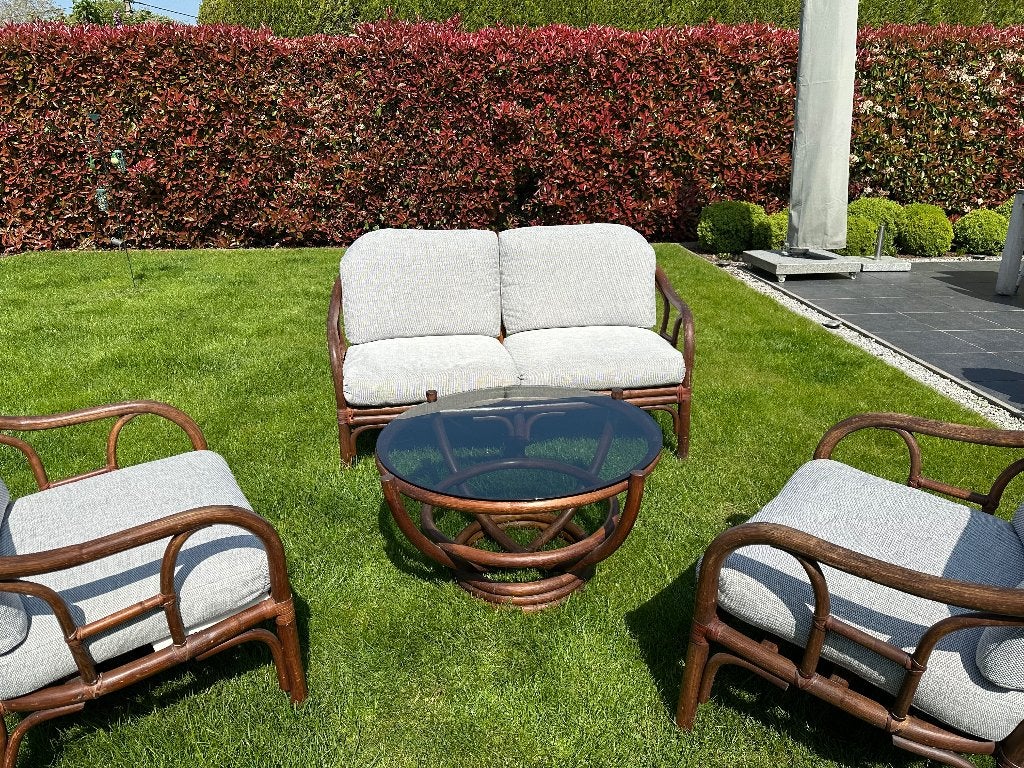 Vintage rotan loungeset met salontafel, Tuin en Terras, Tuinsets en Loungesets, Ophalen, 4 zitplaatsen, Rotan, Zo goed als nieuw