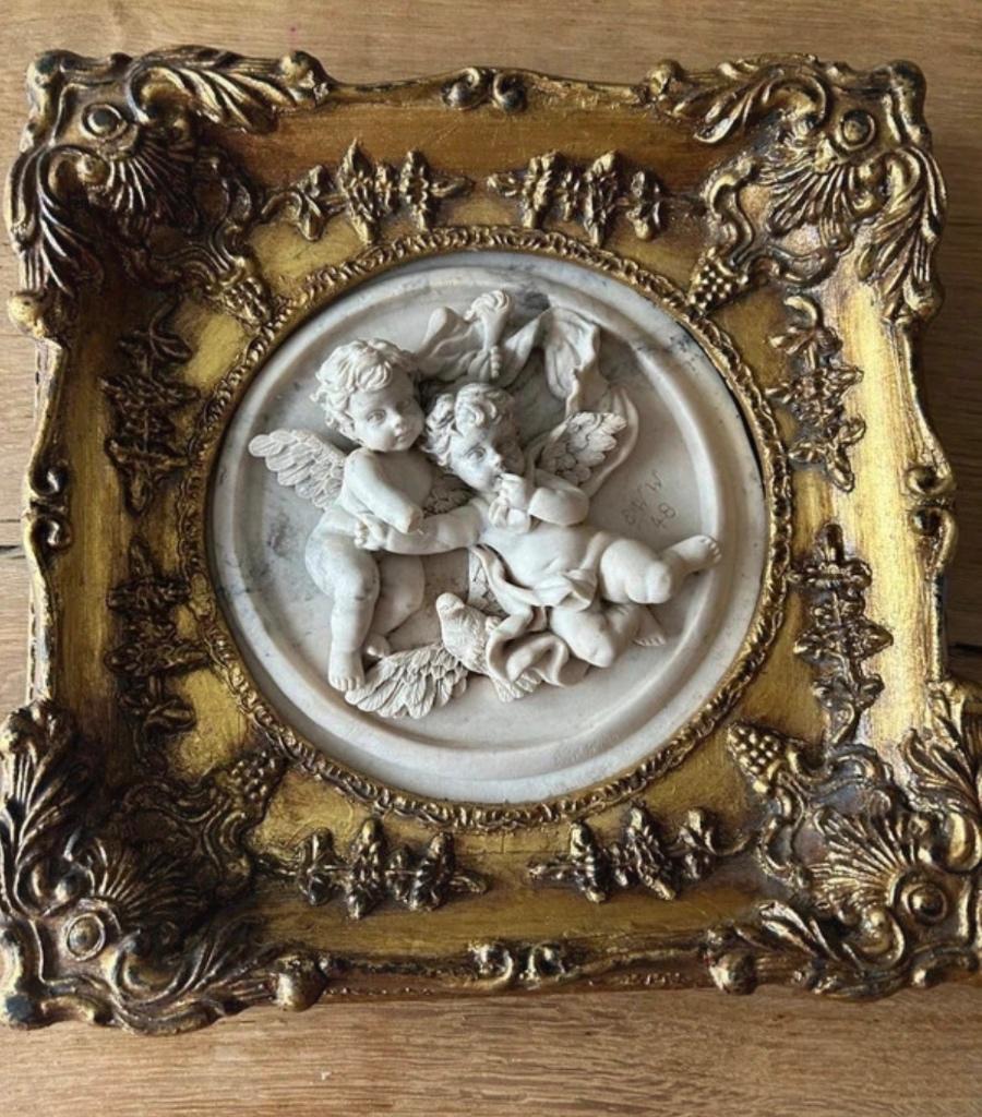 Antieke wandrelief engeltjes vergulde baroklijst, Antiek en Kunst, Ophalen of Verzenden