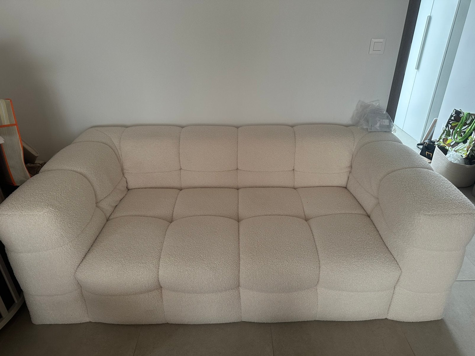 Canape double 2,5 places tissu blanc + pouf, Enlèvement ou Envoi, Comme neuf