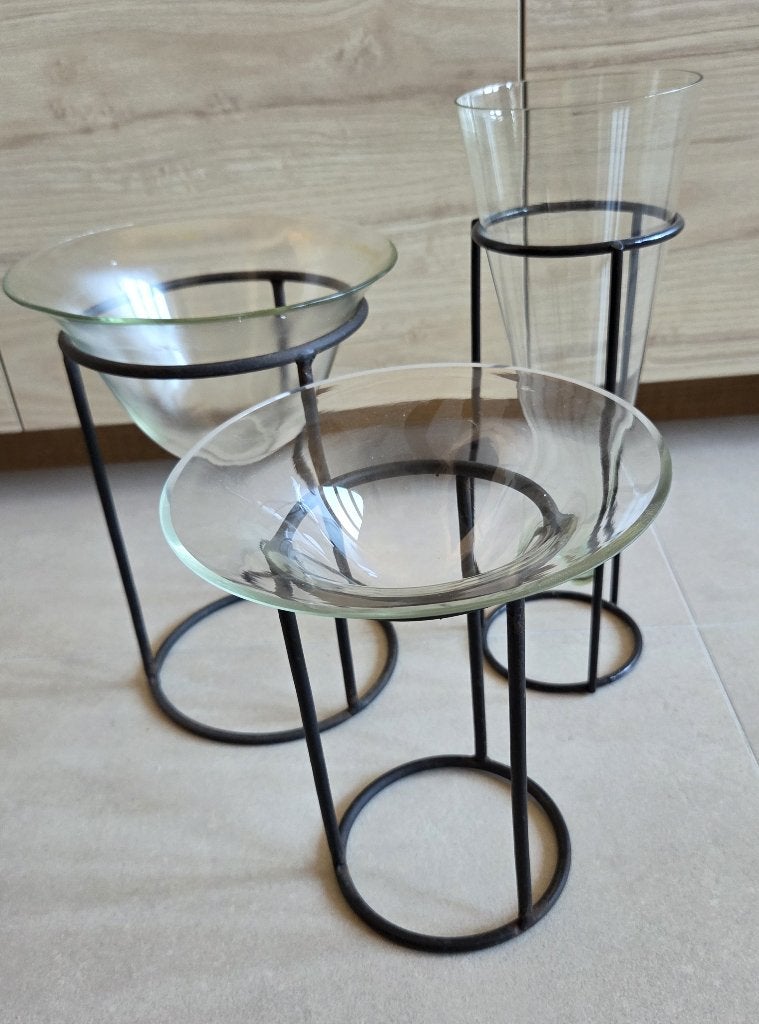 3 vazen op metalen voet, Enlèvement, Utilisé, Verre, Moins de 50 cm