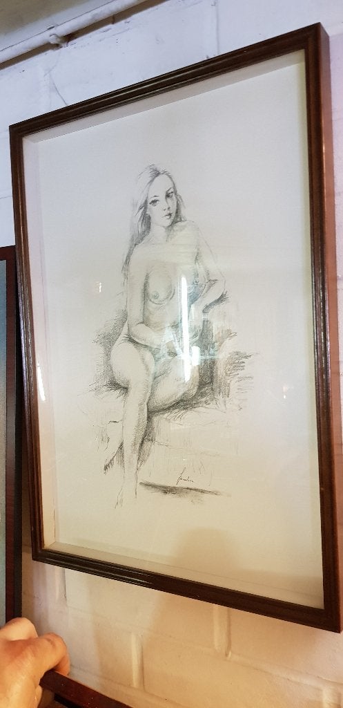 mooie potloodtekening in prachtig vintage teaken kader, Antiquités & Art, Enlèvement, Dessin, Dessin au crayon