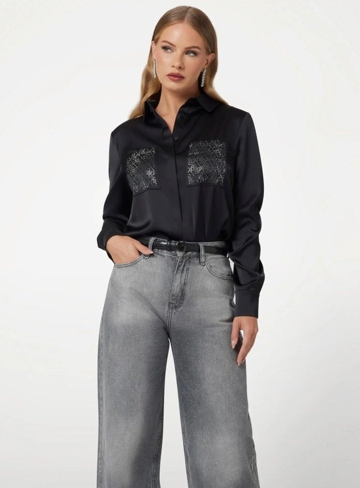 Bloes overhemdbloes Guess zwart satijn nieuw, Maat 38/40 (M), Guess, Verzenden, Zwart