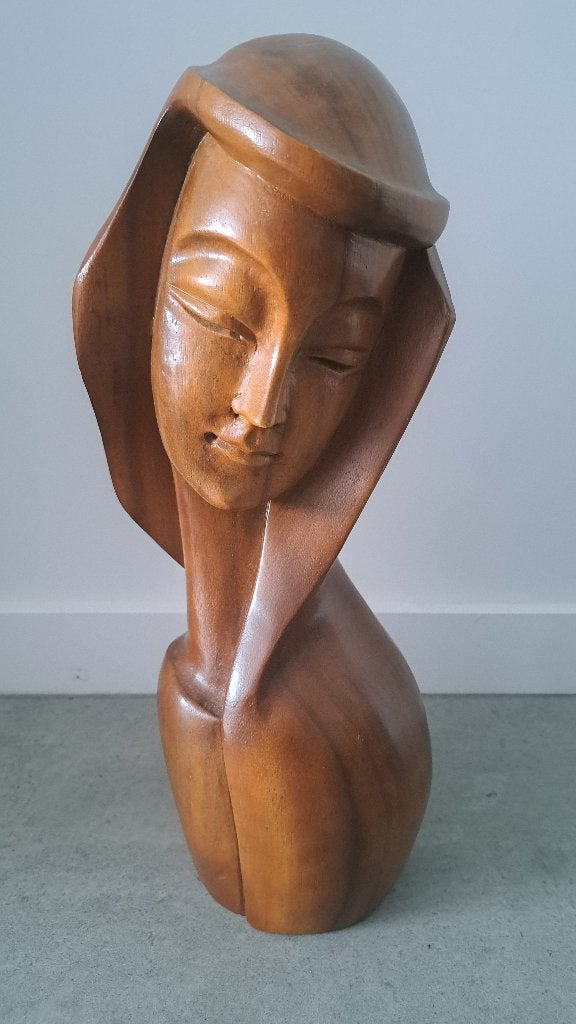 Vintage houten beeld / Gestileerde vrouwenbuste, Ophalen of Verzenden, 20 - 50 cm, Beeld, Hout