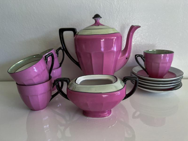 Victoria China Czechoslovakia Koffieservies roze/groen/zwart, Ophalen of Verzenden