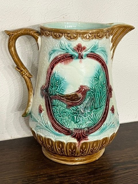 Grote barbotine kan met vogel motief, Antiek en Kunst, Ophalen