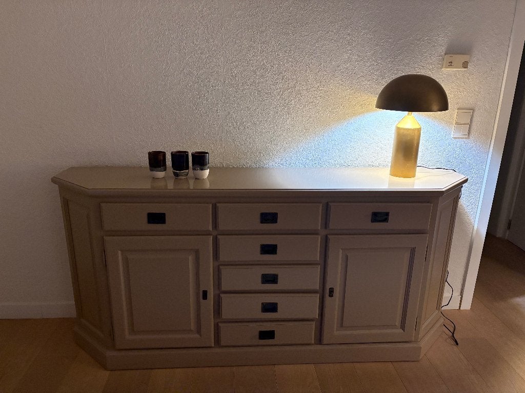 Mooie, ruime wandkast/dressoir in een warme taupekleur, Huis en Inrichting, Ophalen, Gebruikt, 150 tot 200 cm, Eikenhout