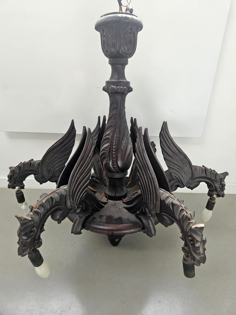 Lustre gothique ancien en chêne à 6 bras, Enlèvement ou Envoi