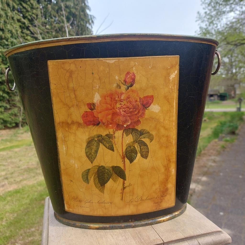 Corbeille antique/en métal.. avec image rose/pour décoration, Enlèvement ou Envoi