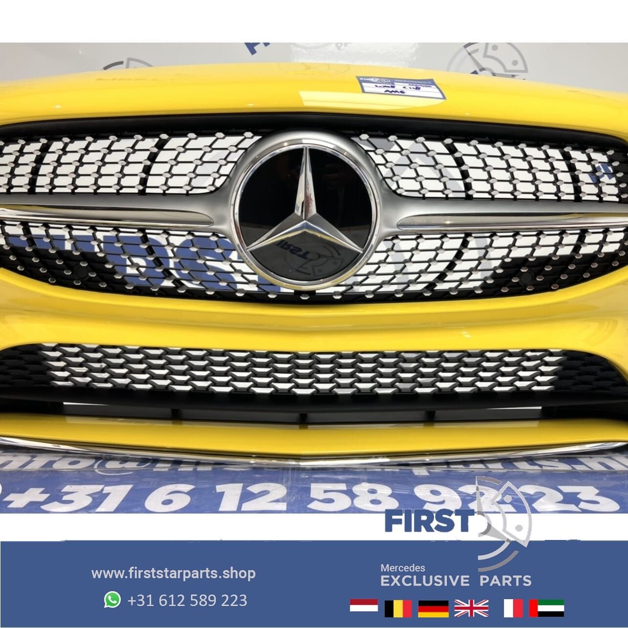 W118 CLA AMG LINE VOORBUMPER GEEL origineel Mercedes 2018-20, Gebruikt, -, Voor, Ophalen of Verzenden