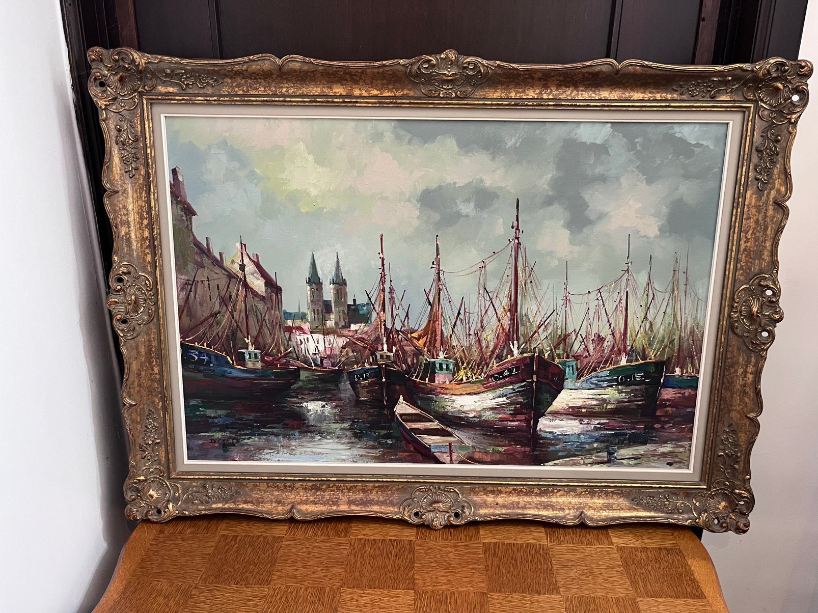 Groot Olieverfschilderij Havengezicht – André Demedts, Antiquités & Art, Art | Peinture | Classique, Peinture à l'huile, Signé