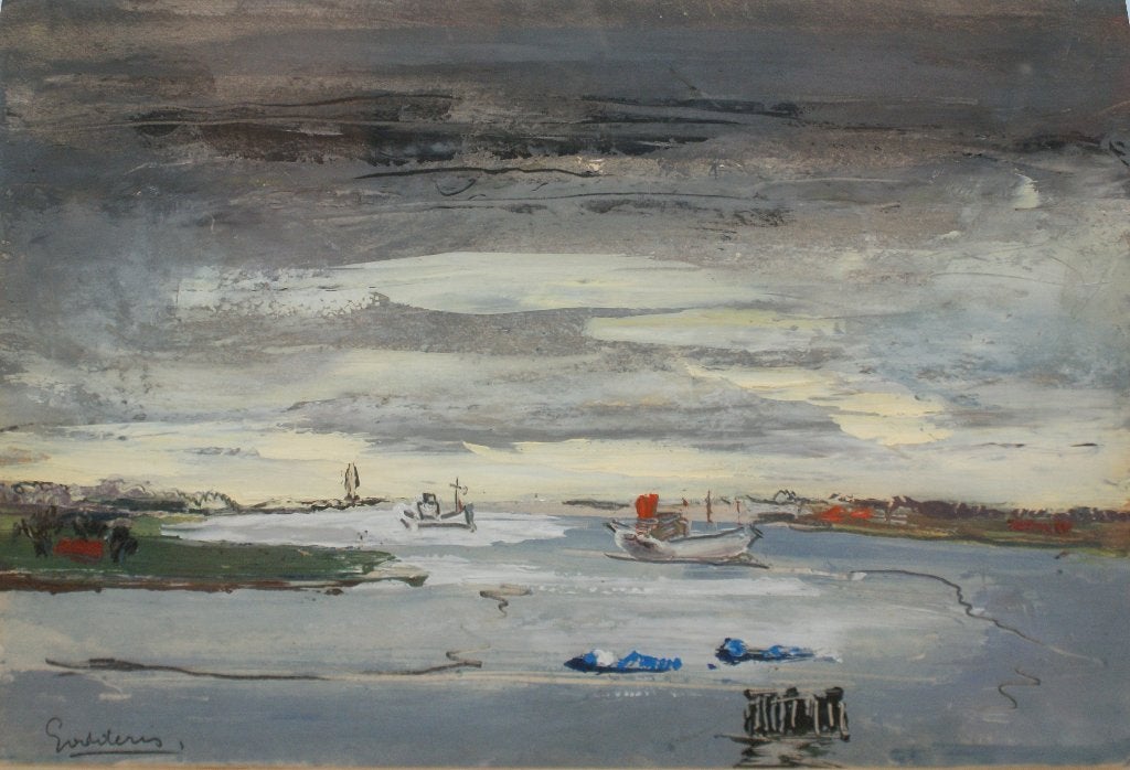 Jack Godderis (1916 - 1971): Scheldezicht (58 x 48 cm), Enlèvement ou Envoi, Signé, Peinture à l'huile, Papier