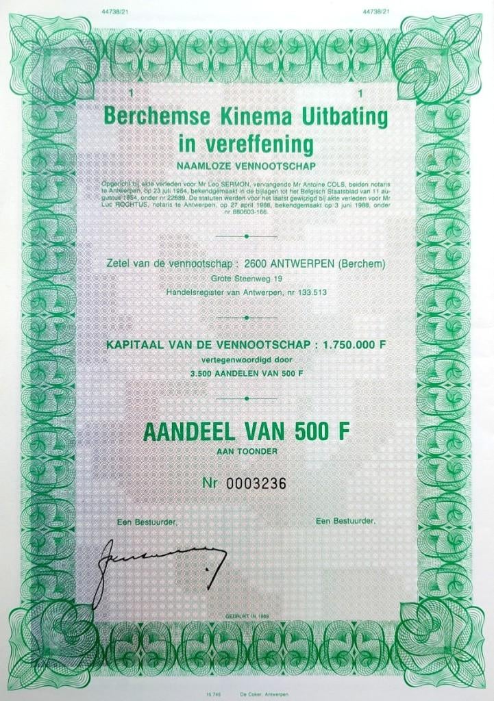 Berchemse Kinema Uitbating in vereffening (Antwerpen) 1989, Ophalen of Verzenden, 1970 tot heden, Aandeel