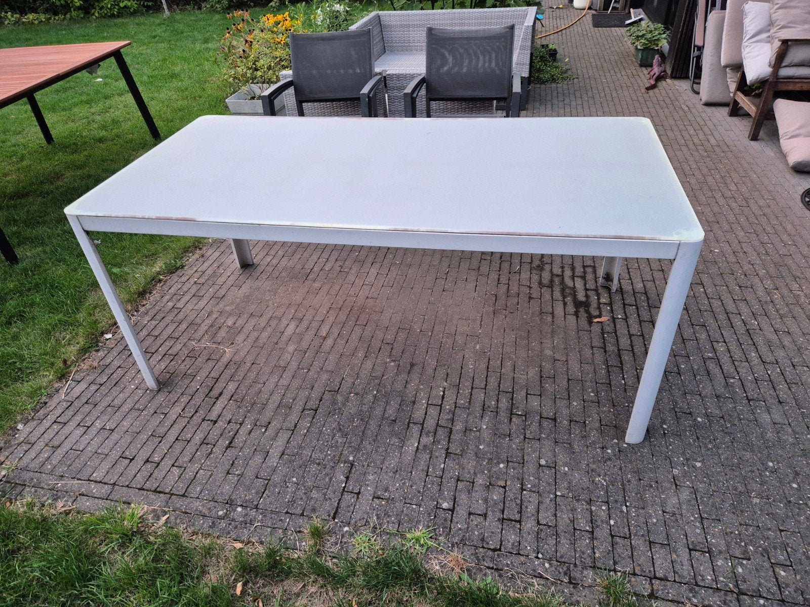 glazen tuintafel 180x90, Tuin en Terras, Tuintafels, Ophalen, Gebruikt, Rechthoekig, Aluminium