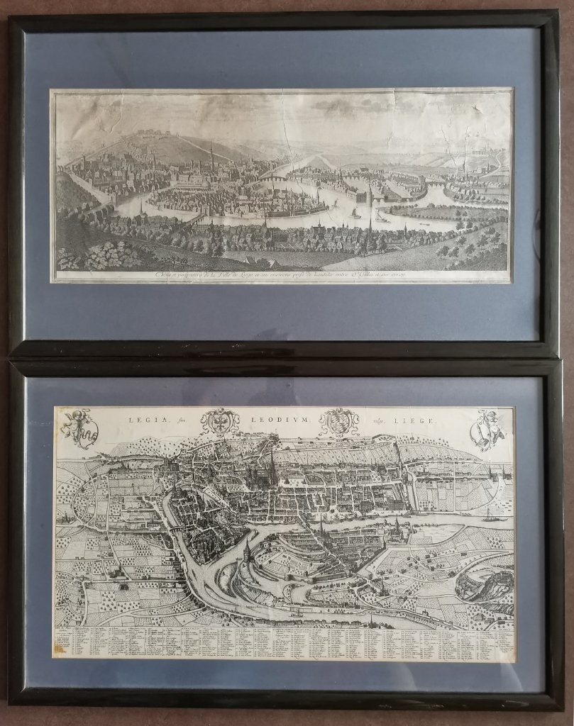 deux anciennes gravures de Liège encadrées, Antiquités & Art, Art | Eaux-fortes & Gravures, Enlèvement ou Envoi, Vue urbaine, Gravure