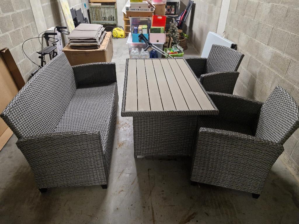 Loungeset tuin, Tuin en Terras, Tuinsets en Loungesets, Zo goed als nieuw, Loungeset, Rotan, 4 zitplaatsen, Bank, Eettafel, Stoel