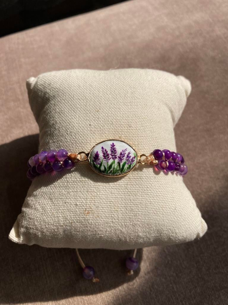 Handbeschilderde Armband Lavendel🪻, Ophalen of Verzenden, Nieuw, Overige materialen, Met bedels of kralen