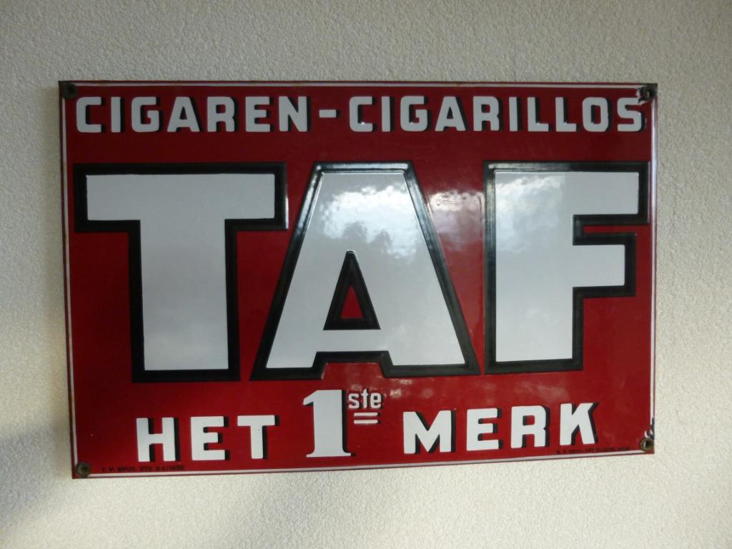EMAILLE RECLAMEBORD"TAF CIGAREN-CIGARILLOS"UIT 1936, Ophalen of Verzenden, Gebruikt, Reclamebord