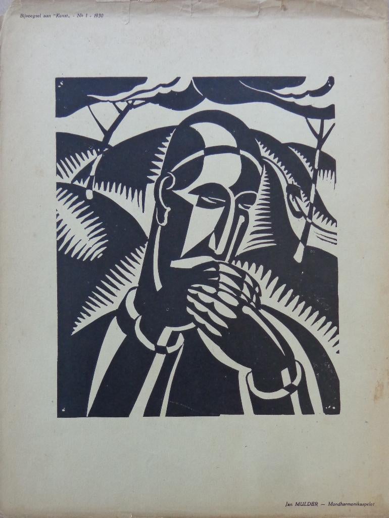 JAN MULDER / MONDHARMONIKASPELER / ZW-W HOUTSNEDE / 32x24cm, Antiek en Kunst, Ophalen of Verzenden