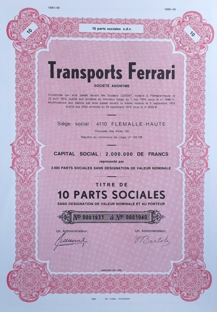 Transports FERRARI - Flémalle-Haute - 10 parts - 1975, Postzegels en Munten, Ophalen of Verzenden, 1970 tot heden, Aandeel