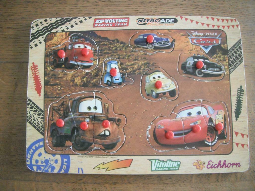 leuke houten inlegpuzzel van cars, Gebruikt, Ophalen of Verzenden, Van hout, Minder dan 10 stukjes