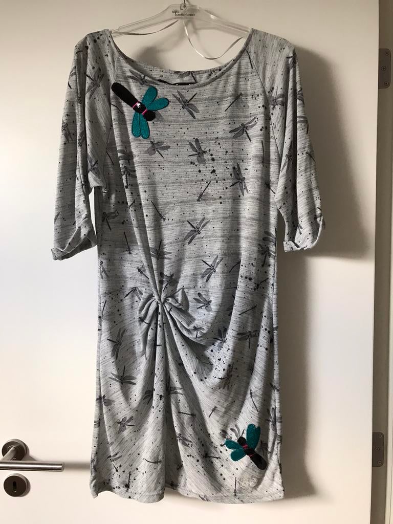 Robe Desigual grise avec motifs libellules, taille L, Desigual, Comme neuf, Gris