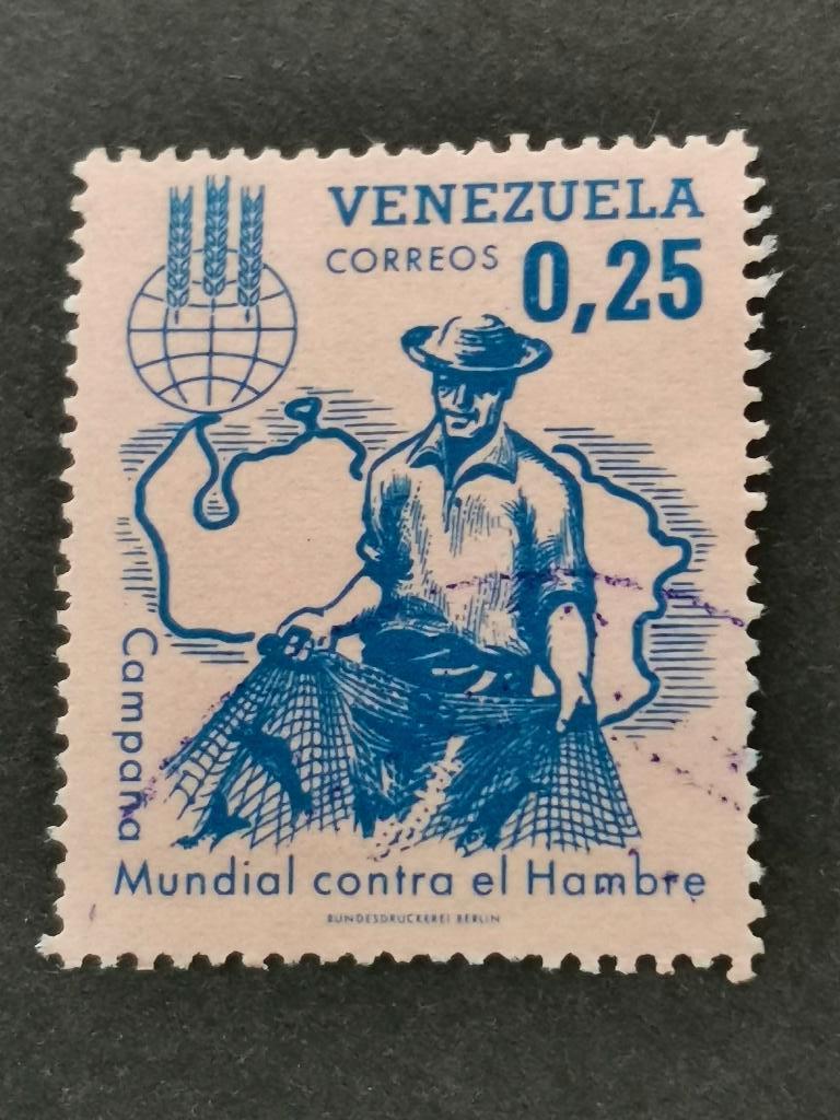 Venezuela 1963 - Lutte contre la faim, carte, pêche, Enlèvement ou Envoi, Affranchi, Amérique du Sud