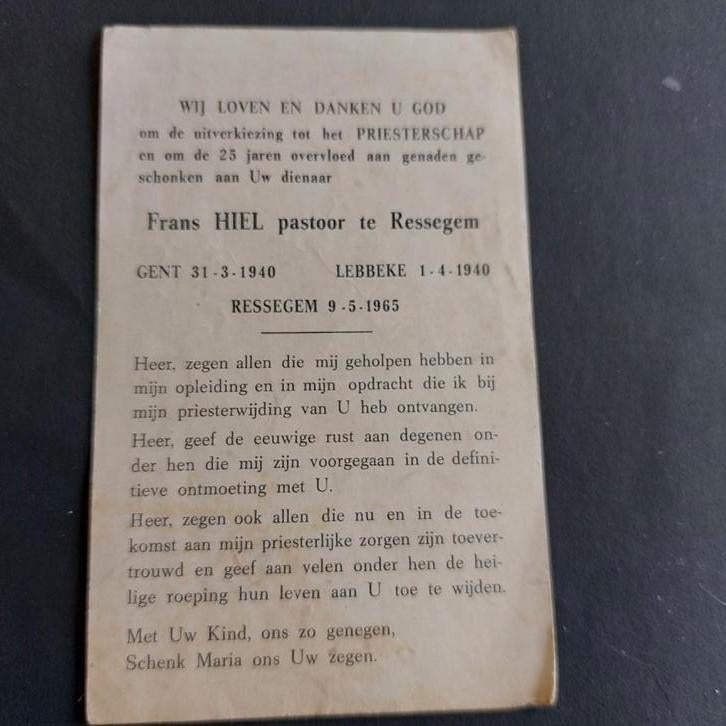 Bidprentje 25 j. Priesterjubileum Ressegem (1965), Verzamelen, Bidprentjes en Rouwkaarten, Ophalen of Verzenden, Bidprentje