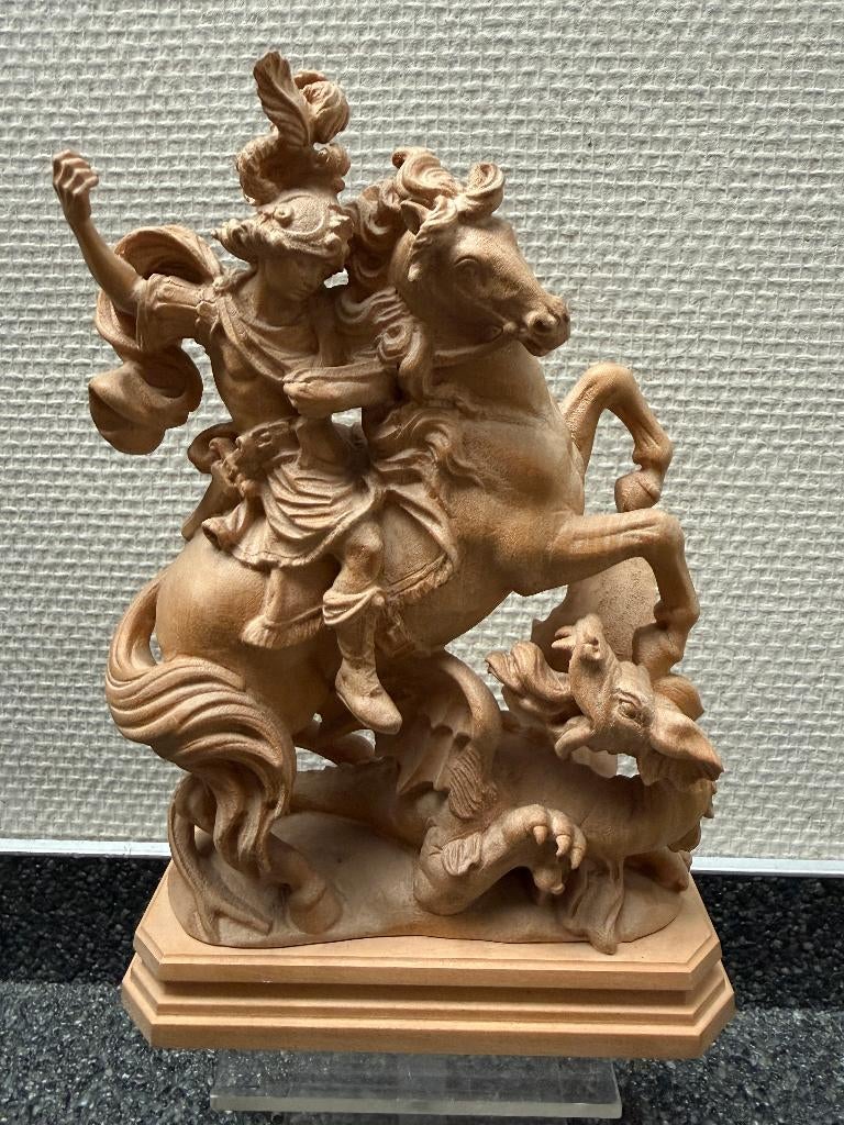 Heilige Georg en de draak houtsnijwerk (Duits). circa 1996, Antiek en Kunst, Kunst | Beelden en Houtsnijwerken, Ophalen of Verzenden