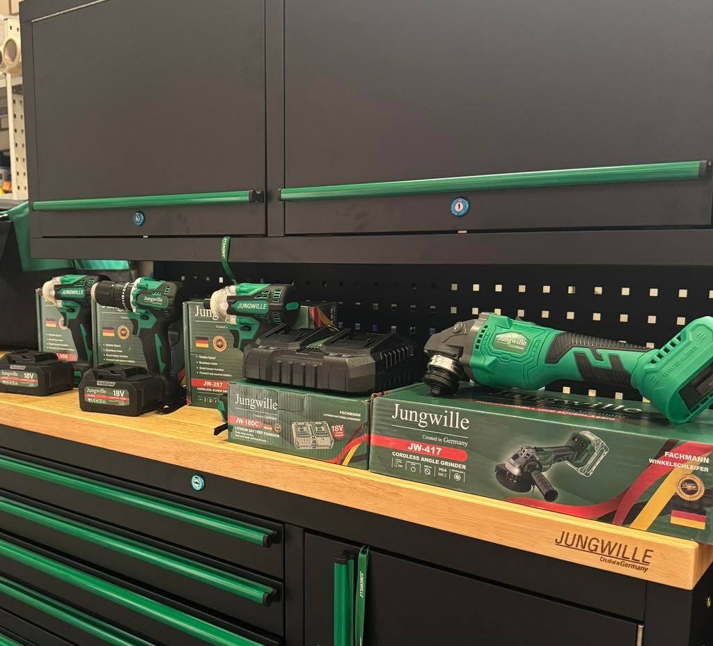 Nieuwe Jungwille 18V Accuset met 4 Machines + Accu’s & Tas, Doe-het-zelf en Bouw, Ophalen, Nieuw