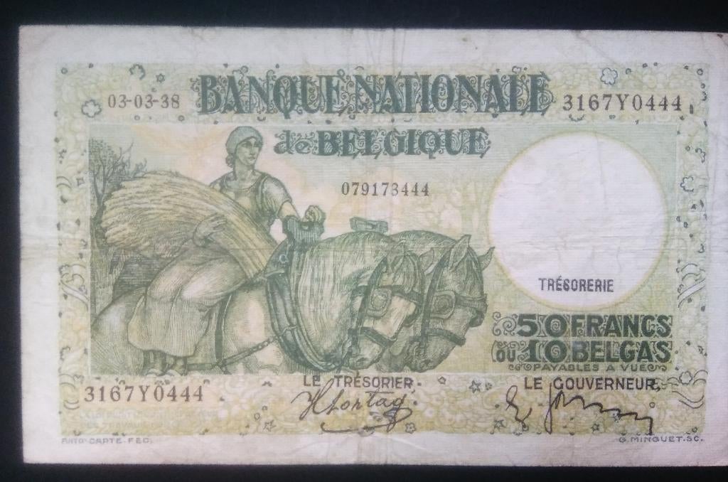 belgie 50 frank/10 belgas model 1927 met tekst - 3-3-1938, Postzegels en Munten, Ophalen of Verzenden, Los biljet
