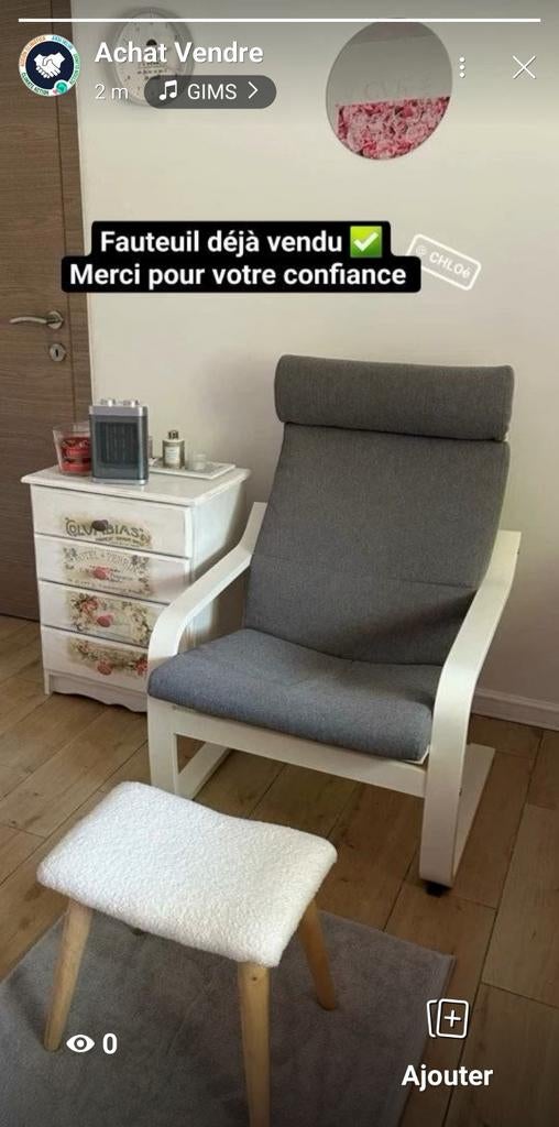 Fauteuil ikea gris blanc matt état neuf / Article vendu ✅️, Ophalen, Nieuw, Stof